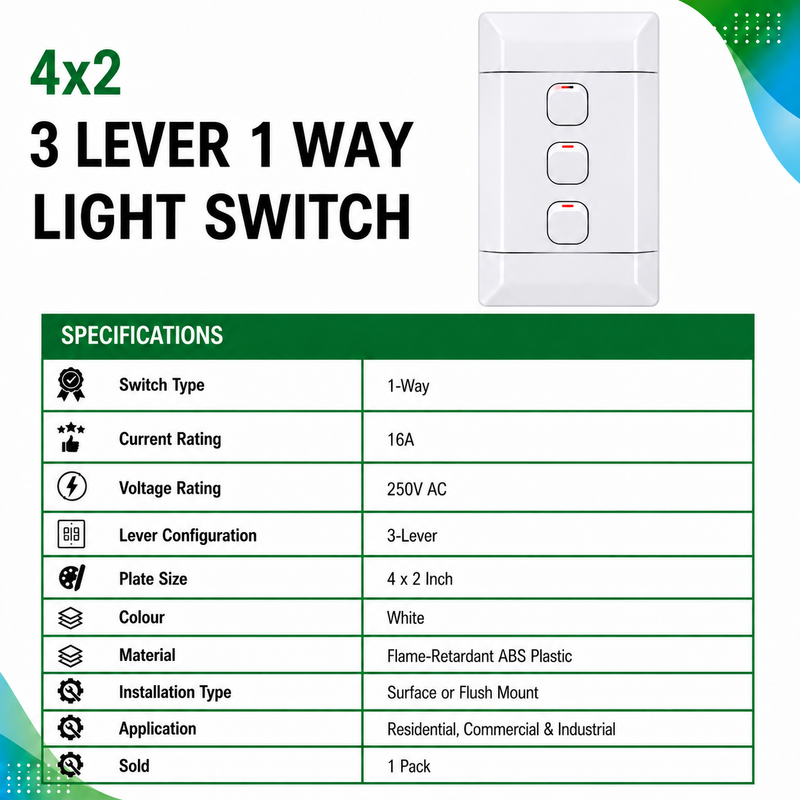 NEU 3 LEVER 1 WAY LIGHT SWITCH White 4×2 triple 1-way light switch specification sheet showing a 16A current rating, 250V AC voltage rating, three-lever configuration, flame-retardant ABS plastic construction, and surface or flush mounting.