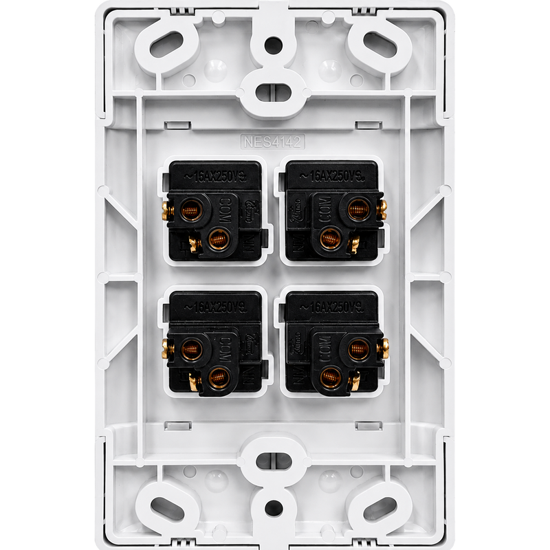 NEU 4 LEVER 1 WAY LIGHT SWITCH Rear view of a white 4×2 four-lever 1-way light switch showing four 16A 250V switch mechanisms and mounting terminals.