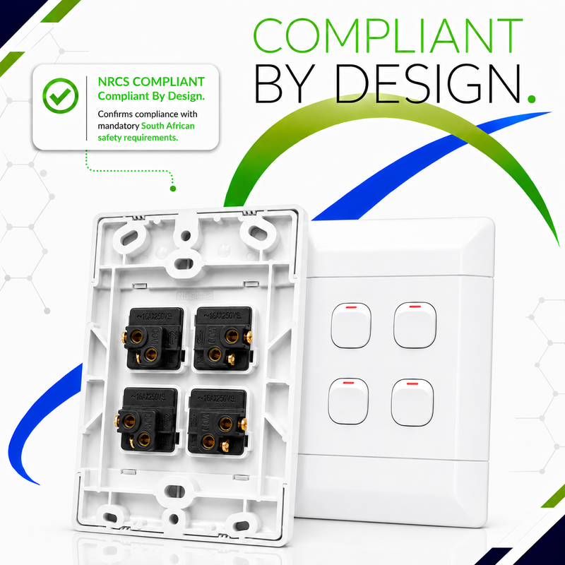 NEU 4 LEVER 1 WAY LIGHT SWITCH White 4×2 four-lever 1-way light switch shown from the front and rear, highlighting its internal switch mechanisms and NRCS-compliant design.