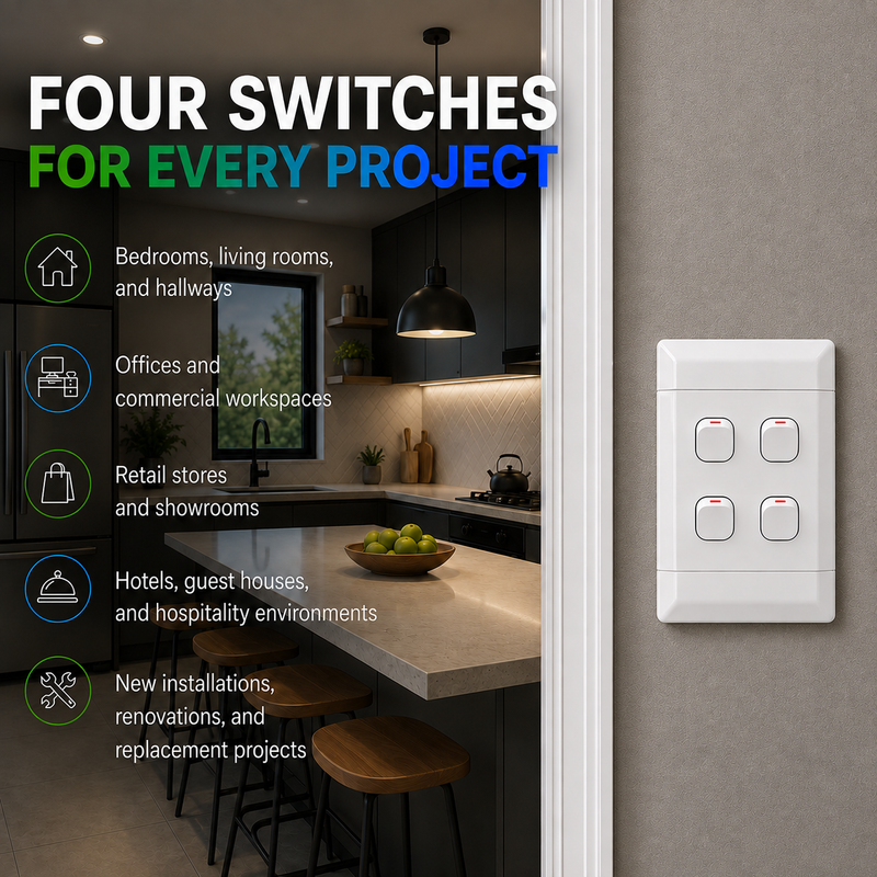 A four-switch electrical wall plate shown installed on a gray wall next to a kitchen interior. The left side includes marketing text reading 'FOUR SWITCHES FOR EVERY PROJECT' with icons and use cases for bedrooms, offices, retail stores, hotels, and new installations.