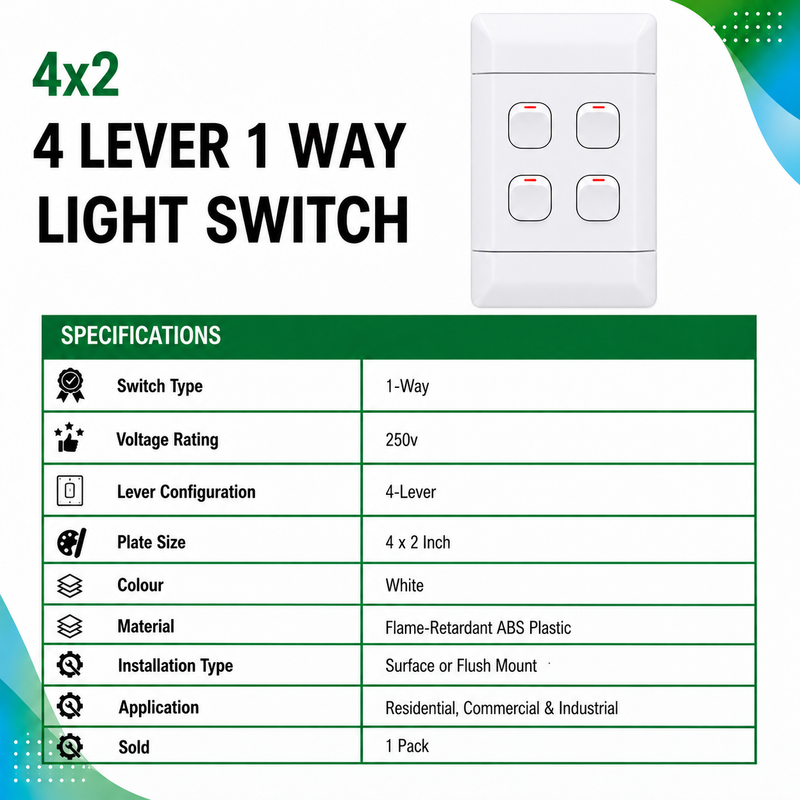 NEU 4 LEVER 1 WAY LIGHT SWITCH White 4×2 four-lever 1-way light switch with four rocker switches and red indicator lights, shown with product specifications including 250V rating and flame-retardant ABS construction.