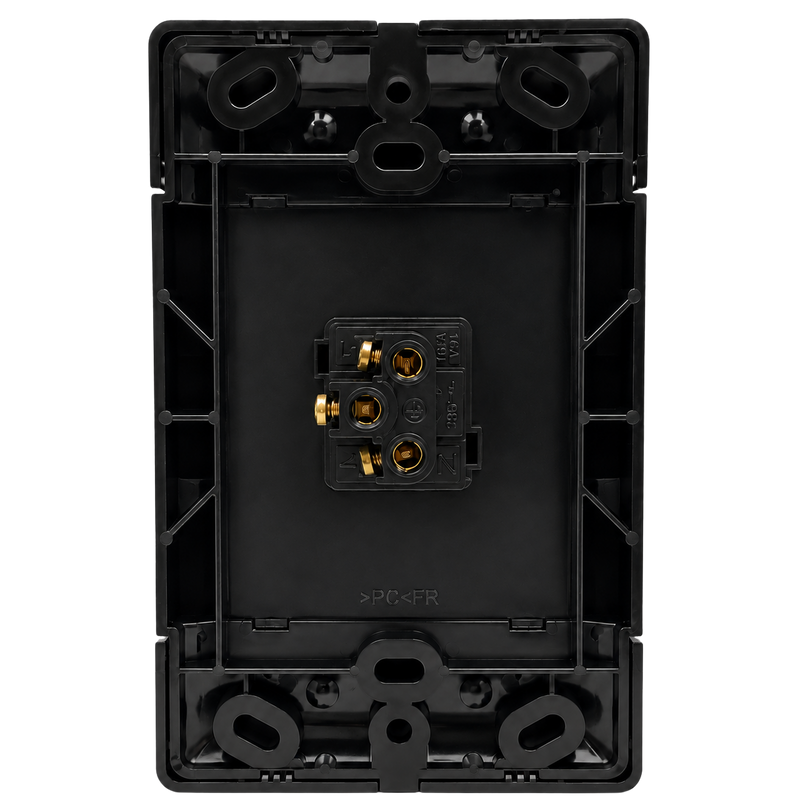 NEU 1 LEVER 1 WAY LIGHT SWITCH Rear view of a black 1-lever 2-way light switch showing the mounting base and electrical terminal block. The image highlights the durable plastic construction, rear wiring connection, and mounting points for easy installation in standard 4×2 electrical boxes.