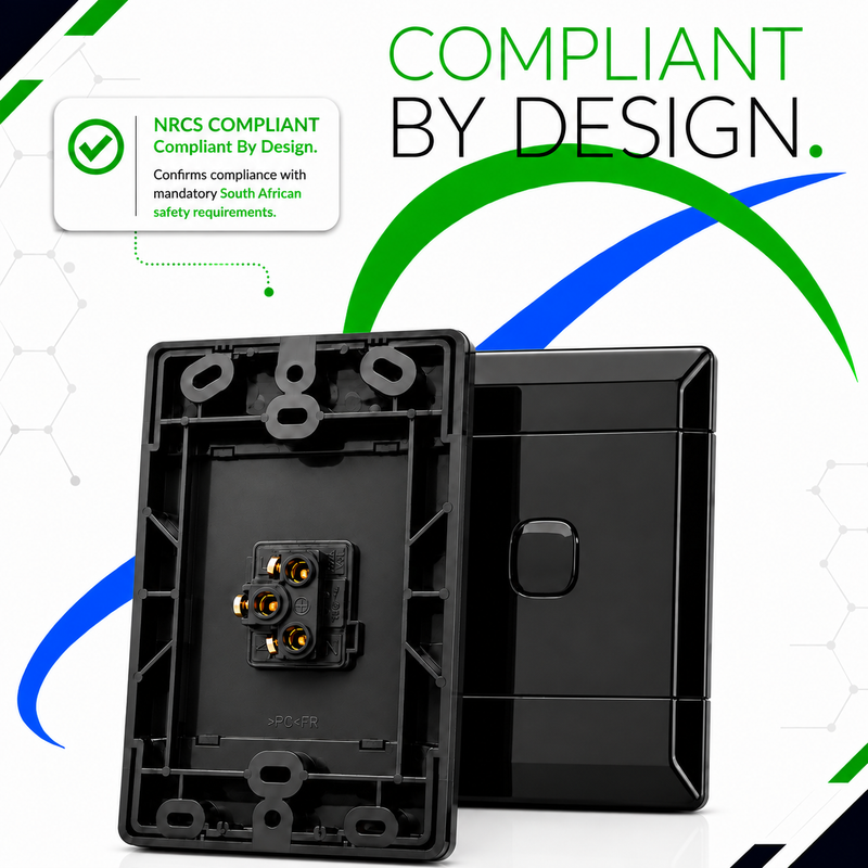 NEU 1 LEVER 2 WAY LIGHT SWITCH Promotional graphic of a black 1-lever 1-way light switch showcasing both the front and rear views. The image highlights NRCS compliance, confirming the switch is designed to meet South African safety requirements. It emphasizes the durable construction, rear wiring terminals, and suitability for safe residential, commercial, and industrial electrical installations.