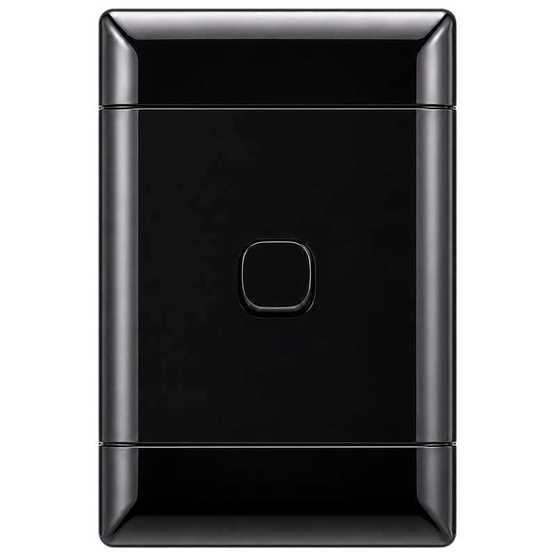 NEU 1 LEVER 2 WAY LIGHT SWITCH Front-facing product image of a black 1-lever 1-way light switch with a slim, modern design and a red indicator on the rocker. The switch is isolated on a transparent background, making it ideal for residential, commercial, and industrial electrical installations.