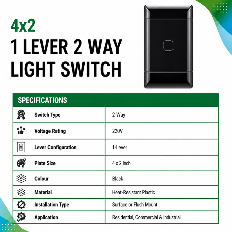NEU 1 LEVER 2 WAY LIGHT SWITCH Product specification sheet for a black 4×2 1 Lever 2 Way Light Switch. The image includes a front view of the switch and a specification table listing: 2-way operation, 220V rating, 1-lever configuration, 4×2 inch plate size, black heat-resistant plastic construction, surface or flush mount installation, and suitability for residential, commercial, and industrial applications.