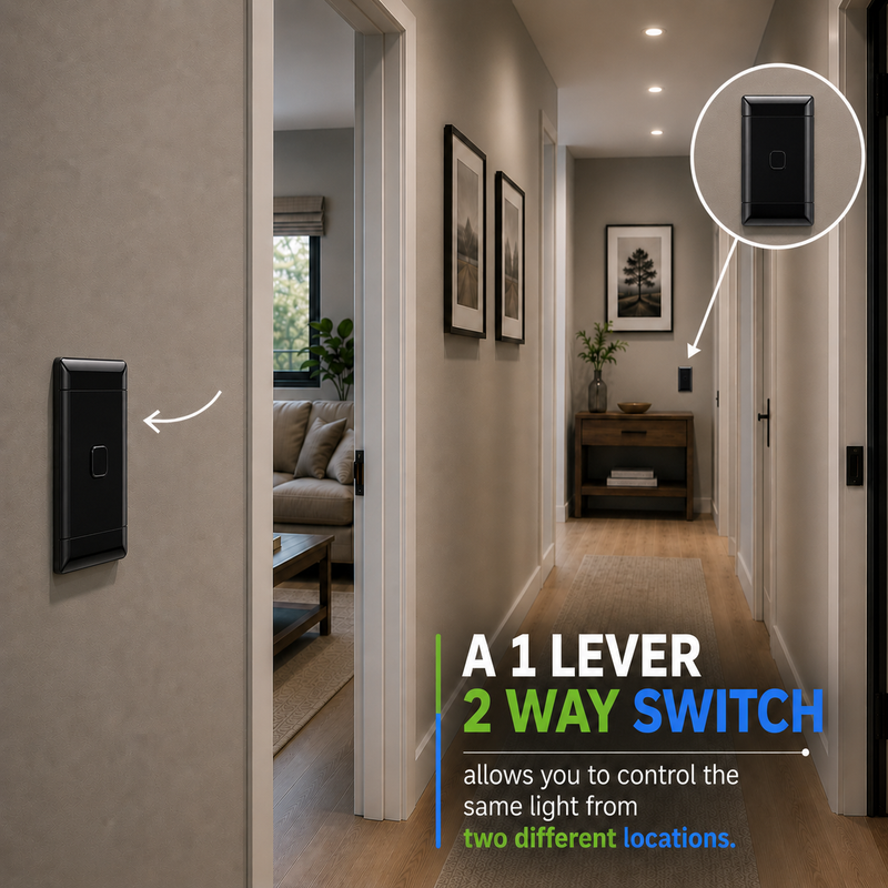 Black 4×2 1 lever 2-way light switch installed at two locations in a hallway, demonstrating how the same light can be controlled from different points.