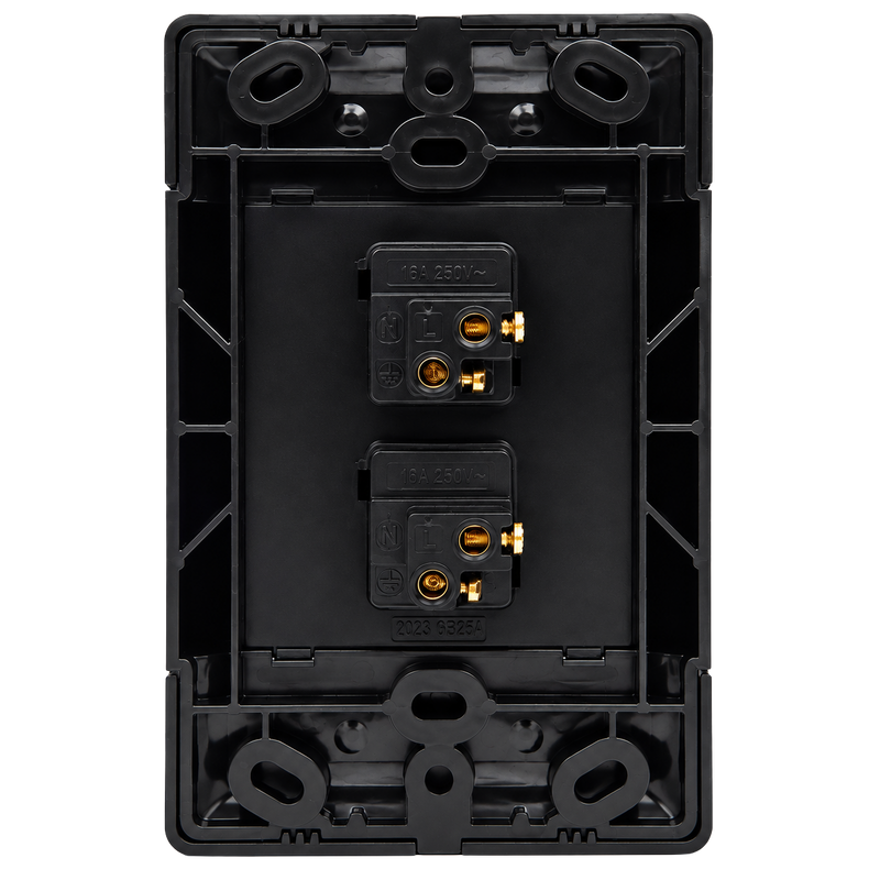 NEU BLACK 2 LEVER 1 WAY LIGHT SWITCH Rear view of a black 4×2 double 1-way light switch showing two 16A 250V switch mechanisms and mounting frame.