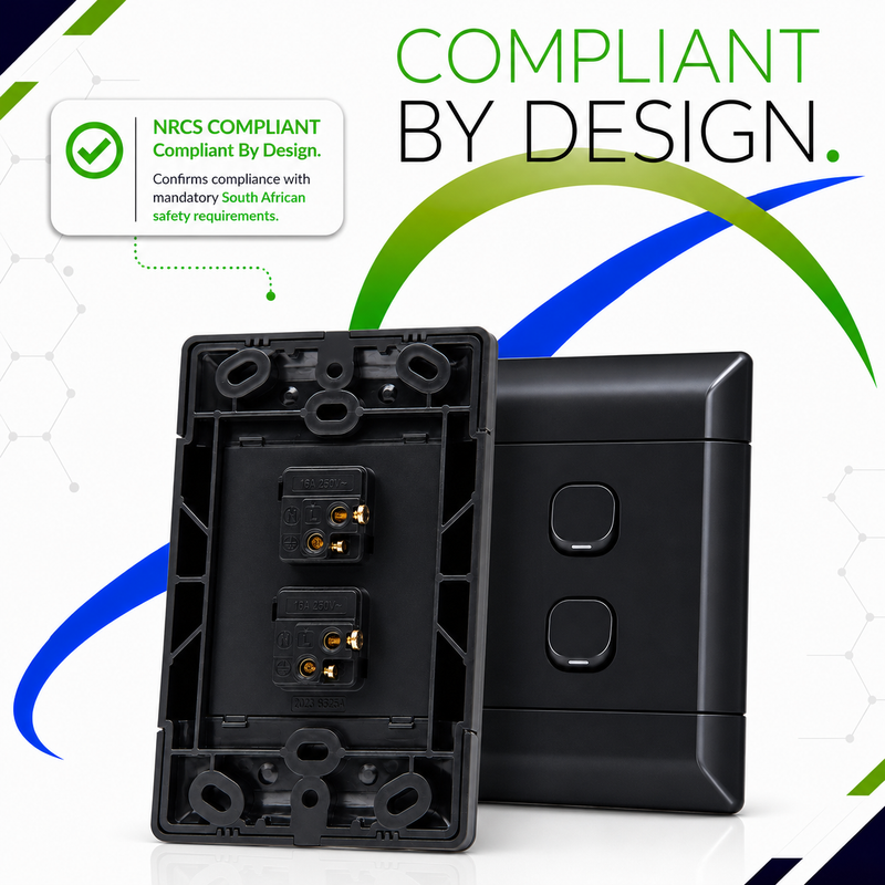 NEU BLACK 2 LEVER 1 WAY LIGHT SWITCH NRCS-compliant black 4×2 double 1-way light switch showing the front cover alongside the rear mounting frame and two switch mechanisms.
