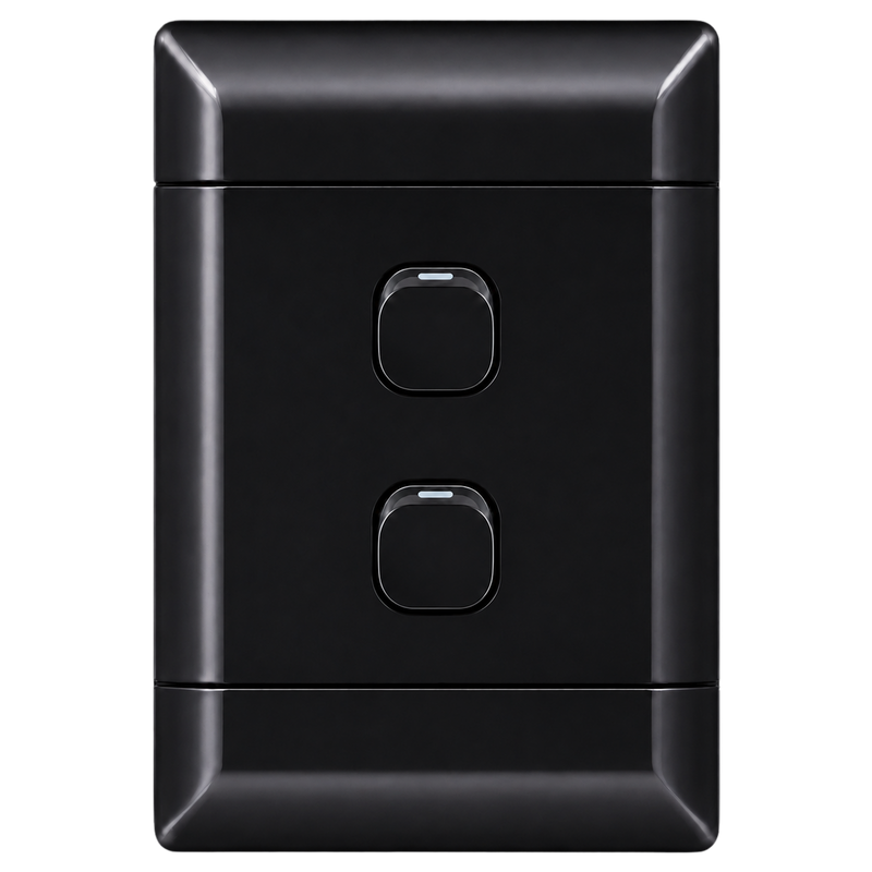 NEU BLACK 2 LEVER 1 WAY LIGHT SWITCH Black 4×2 double 1-way light switch with two rocker buttons and a modern slimline faceplate.