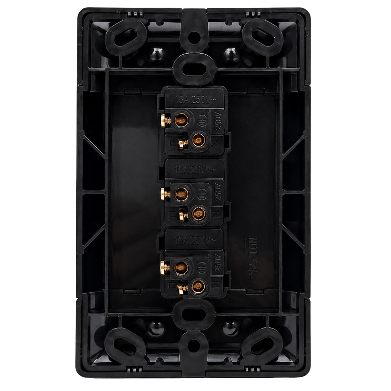 NEU BLACK 3 LEVER 1 WAY LIGHT SWITCH Rear view of a black 4x2 triple 1-way light switch showing the mounting frame and three 16A 250V switch mechanisms with screw terminals.