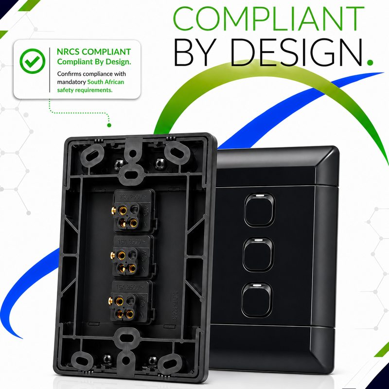 NEU BLACK 3 LEVER 1 WAY LIGHT SWITCH NRCS-compliant black 4×2 triple 1-way light switch showing the front cover and rear mounting frame with three 16A 250V switch mechanisms.