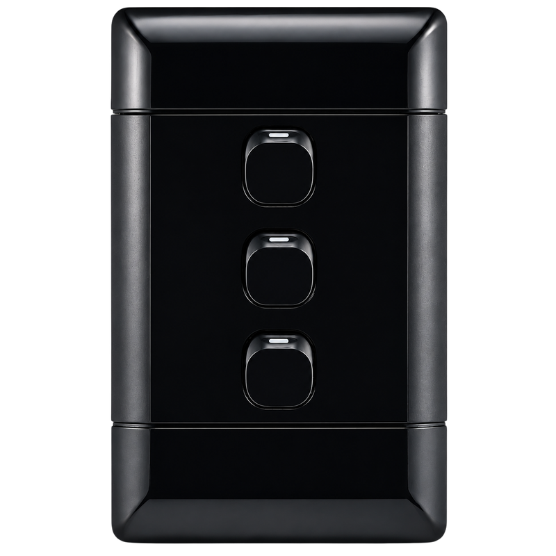 NEU 3 LEVER 1 WAY LIGHT SWITCH Blac 4×2 triple 1-way light switch with three rocker switches and red indicator lights on each switch.                         