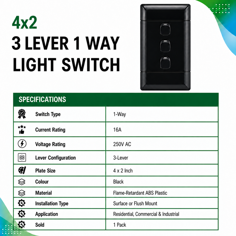 NEU BLACK 3 LEVER 1 WAY LIGHT SWITCH Black 4×2 triple 1-way light switch specification sheet showing a 16A current rating, 250V AC voltage rating, three-lever configuration, flame-retardant ABS plastic construction, and surface or flush mounting.