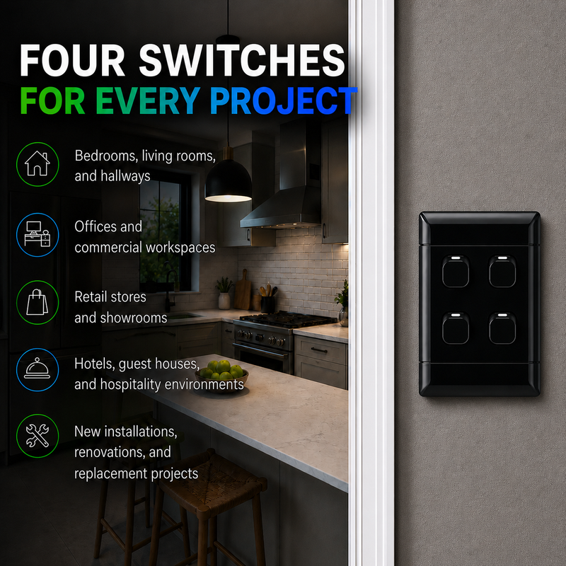 NEU BLACK 4 LEVER 1 WAY LIGHT SWITCH Black 4×2 four 1-way light switch with four rocker switches and red indicator lights, mounted on a textured wall in a modern kitchen.