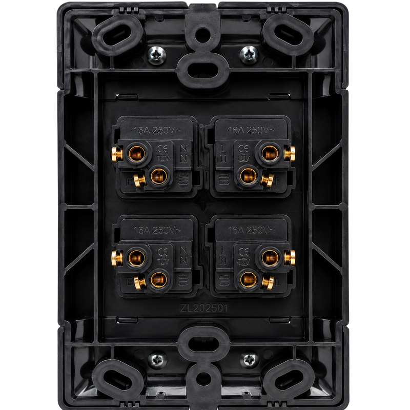 NEU BLACK 4 LEVER 1 WAY LIGHT SWITCH Rear view of a black 4x2 Four 1-way light switch showing the mounting frame and four 16A 250V switch mechanisms with screw terminals.