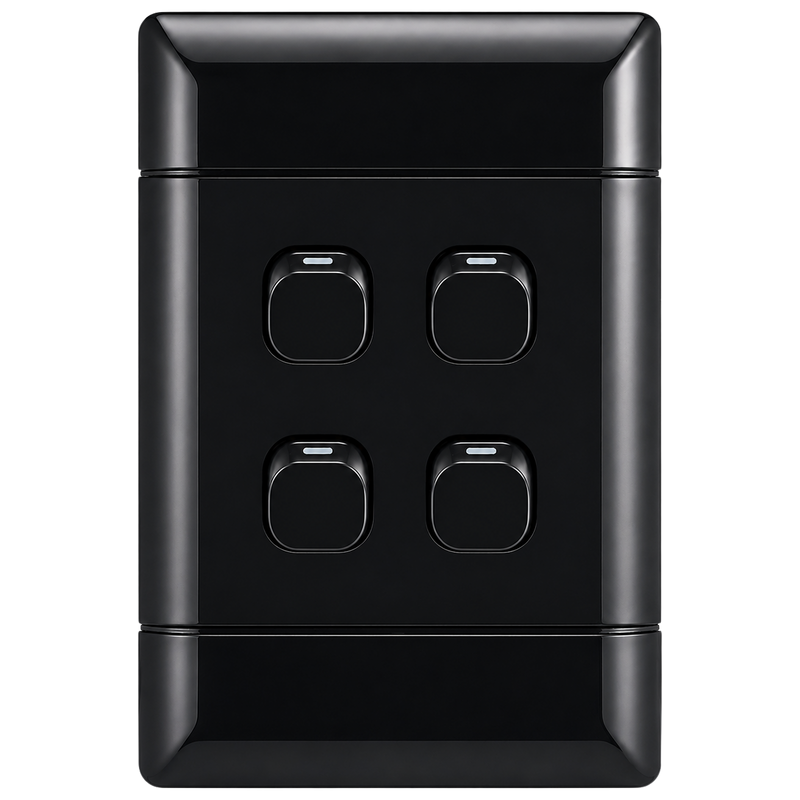 NEU 4 LEVER 1 WAY LIGHT SWITCH Black 4×2 triple 1-way light switch with three rocker switches and red indicator lights on each switch.                         