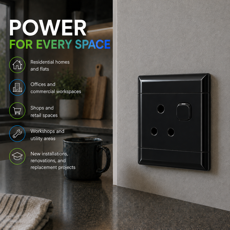 NEU BLACK 16A 4X4 SINGLE SOCKET WALL PLUG NEU 16A single socket wall plug in glossy black for residential, commercial, retail and workshop applications