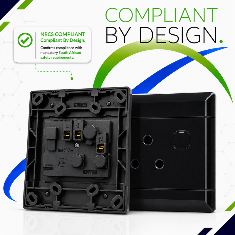NEU BLACK 16A 4X4 SINGLE SOCKET WALL PLUG NEU 16A 4x4 single socket wall plug in glossy black showing internal construction and NRCS compliant design