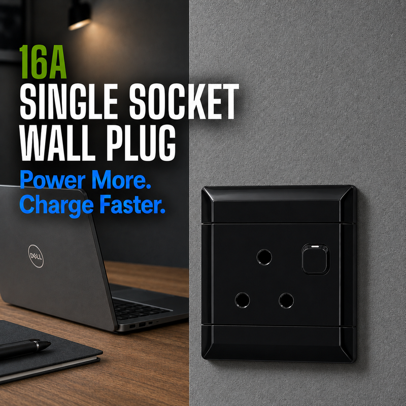 NEU BLACK 16A 4X4 SINGLE SOCKET WALL PLUG NEU 16A single socket wall plug in glossy black installed on a textured grey wall