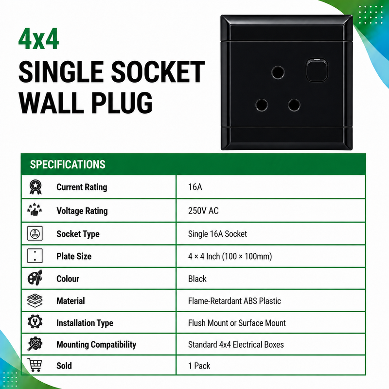 NEU BLACK 16A 4X4 SINGLE SOCKET WALL PLUG 4x4 black 16A single socket wall plug, 250V AC, with flame-retardant ABS plastic construction and flush or surface mount installation.