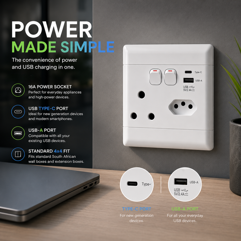 NEU 16A TYPE-C AND USB-A SINGLE SOCKET WALL PLUG 16A South African wall socket with USB-C and USB-A charging ports installed on a modern wall, highlighting dual USB charging, standard 4x4 compatibility, and convenient power access for laptops, smartphones, tablets, and everyday household devices.