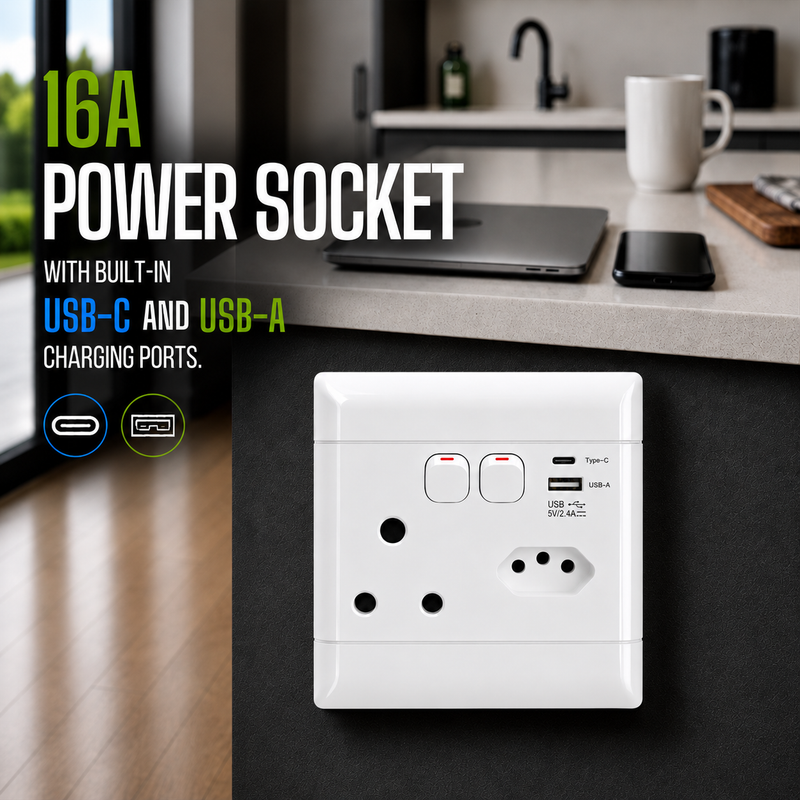NEU 16A TYPE-C AND USB-A SINGLE SOCKET WALL PLUG 16A South African wall socket with USB-C and USB-A charging ports installed on a modern wall, highlighting dual USB charging, standard 4x4 compatibility, and convenient power access for laptops, smartphones, tablets, and everyday household devices.
