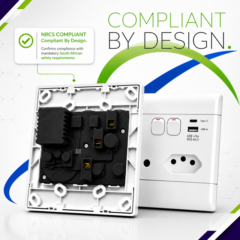 NEU 16A TYPE-C AND USB-A SINGLE SOCKET WALL PLUG 16A South African wall socket with USB-A and USB-C charging ports, shown from the front and rear to highlight internal construction and NRCS-compliant design for safe, reliable residential and commercial electrical installations.
