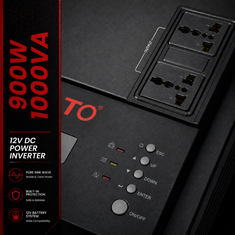 ONESTO 900W 1000VA 12VDC Inverter close-up highlighting the dual universal AC output sockets, intuitive control panel, LED status indicators, and durable textured housing.