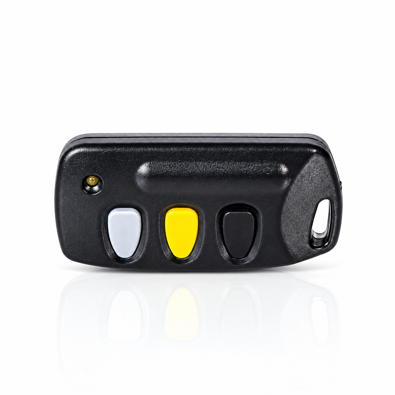 GEMINI 3-BUTTON GATE MOTOR REMOTE Gemini 3-button wireless gate remote control with a textured black casing, white upper button, yellow centre button, black lower button, LED indicator and keyring slot, displayed horizontally on a white background with a reflective surface.