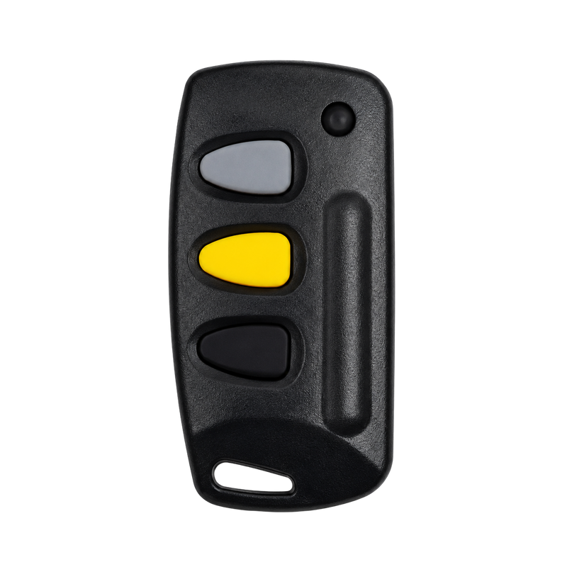 GEMINI 3-BUTTON GATE MOTOR REMOTE Gemini 3-button wireless gate remote control with a textured black casing, grey upper button, yellow centre button, black lower button, LED indicator and keyring slot, displayed on a black background.
