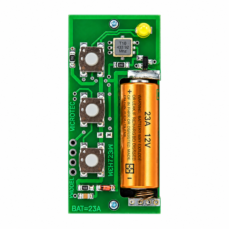 GEMINI 3-BUTTON GATE MOTOR REMOTE Gemini 3-button wireless gate remote control opened to reveal a green circuit board, three push-button switches, yellow LED indicator, 23A 12V battery and 433.92MHz electronic components inside a black plastic casing, displayed on a white background.