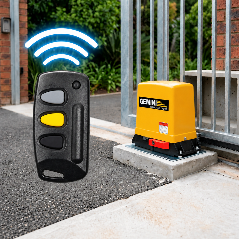 GEMINI 3-BUTTON GATE MOTOR REMOTE Wireless gate remote control circuit board featuring three push-button switches, a yellow LED indicator, 23A 12V battery, 433.92MHz transmitter component and electronic circuitry, displayed on a white background.