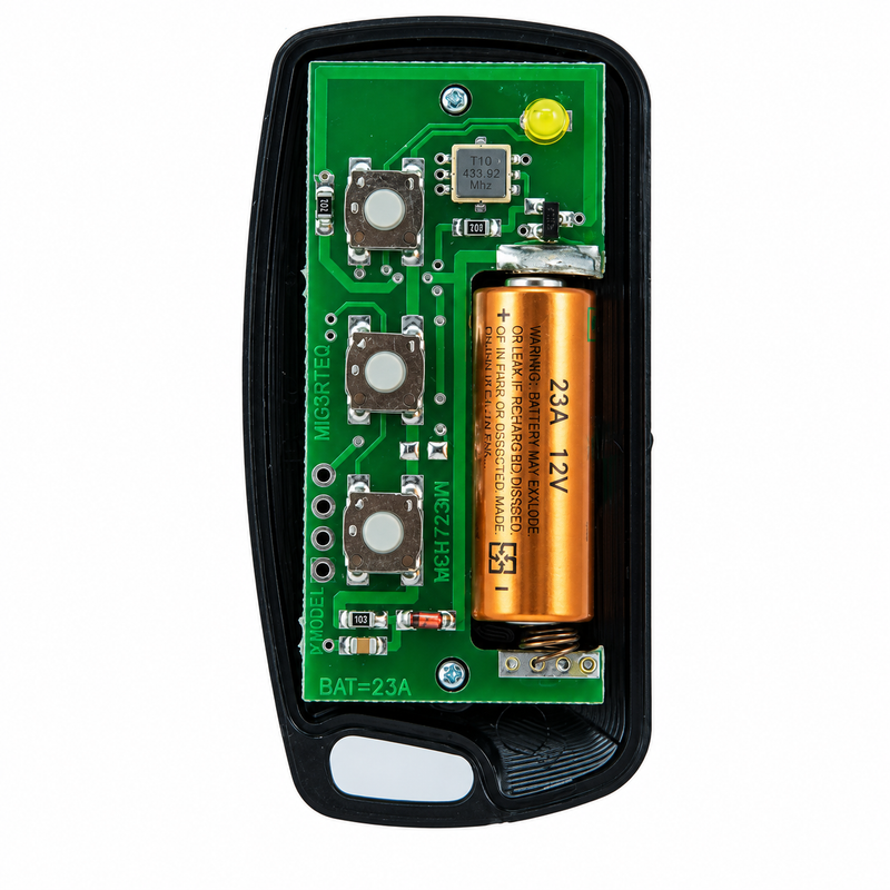 GEMINI 3-BUTTON GATE MOTOR REMOTE Gemini 3-button wireless gate remote control opened to reveal a green circuit board, three push-button switches, yellow LED indicator, 23A 12V battery and 433.92MHz electronic components inside a black plastic casing, displayed on a white background.
