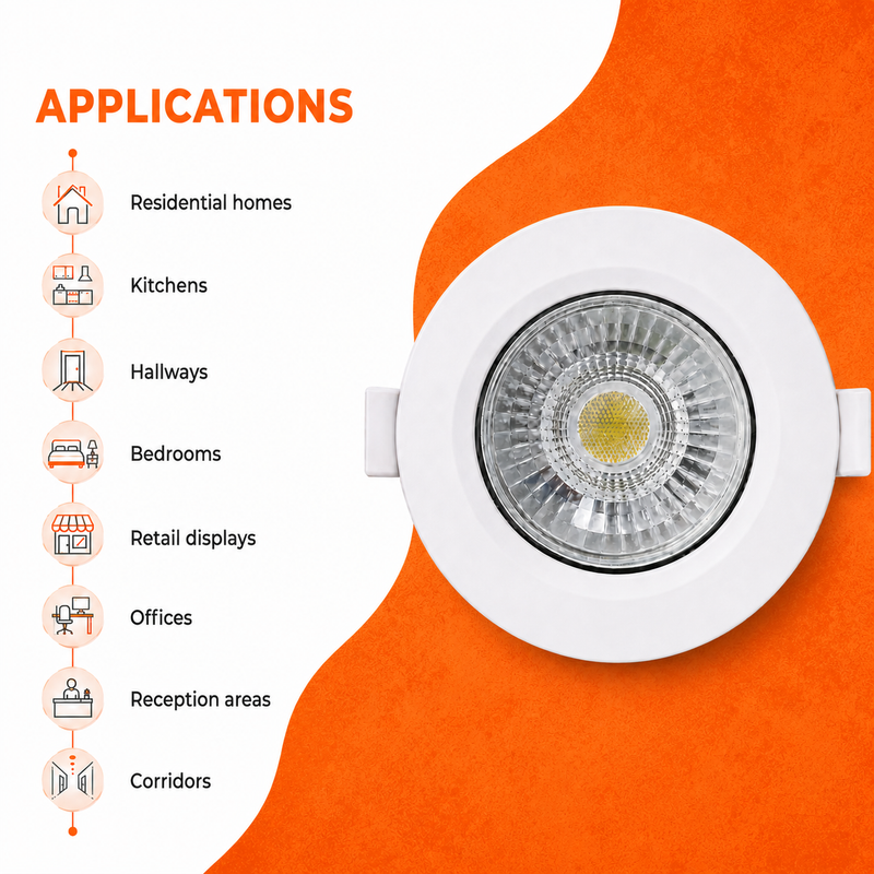 LED BASIC 5W INTERGRATED LED DOWNLIGHT Promotional graphic featuring a round recessed LED downlight with a white trim and clear reflector against a white and textured orange background. The image highlights common applications including residential homes, kitchens, hallways, bedrooms, retail displays, offices, reception areas, and corridors using simple line icons and clean modern typography.