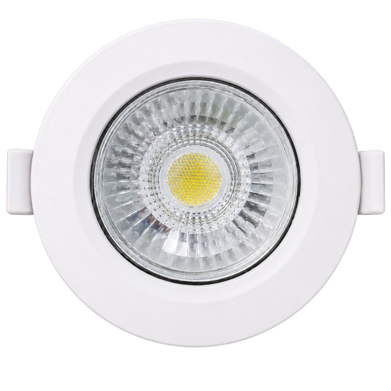 LED BASIC 5W INTERGRATED LED DOWNLIGHT Front-facing product image of a round recessed LED downlight with a white trim, clear faceted reflector, and central COB LED light source. The fitting features spring mounting clips on both sides for recessed ceiling installation and is isolated on a transparent background.