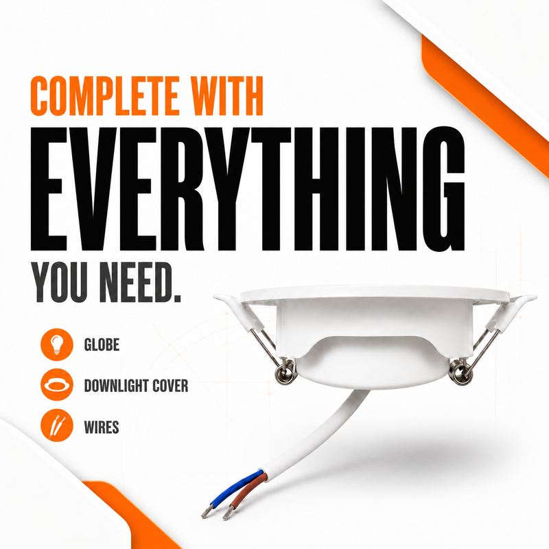 LED BASIC 5W INTERGRATED LED DOWNLIGHT Promotional graphic showing the rear view of a recessed LED downlight with integrated spring clips and pre-wired power cable. Large headline reads "Complete with Everything You Need" with icons highlighting the included globe, downlight cover, and wiring. White background with orange accent corners in a clean, modern layout.