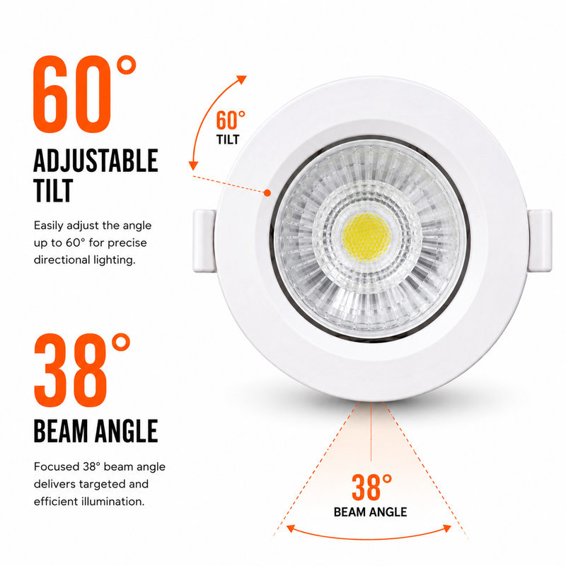 LED BASIC 5W INTERGRATED LED DOWNLIGHT Promotional graphic of a round recessed LED downlight highlighting its 60° adjustable tilt and 38° beam angle. The image includes directional arrows and callouts explaining the adjustable tilt mechanism and focused beam spread, presented on a clean white background with orange accent graphics.