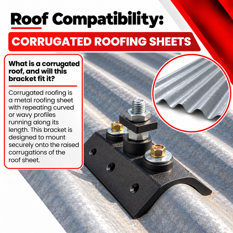 SOLAR CORRUGATED ROOF BRACKET E/A Solar panel mounting bracket installed on corrugated metal roofing, showing compatibility with raised corrugations and explaining how the bracket securely mounts to the roof profile.