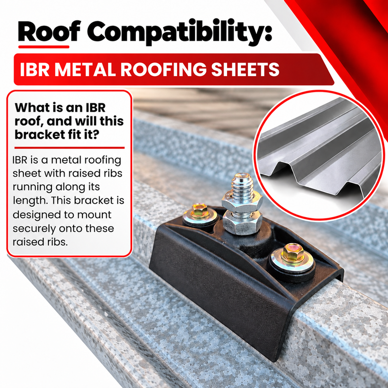 SOLAR IBR ROOF BRACKET E/A Solar panel IBR roof bracket installed on raised-rib metal roofing, with an inset showing the IBR roof profile and explaining the bracket’s compatibility with IBR metal roofing sheets.