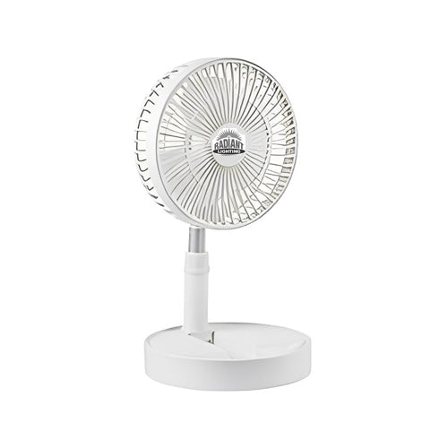 White desk fan with 'Radiant' branding on a white background