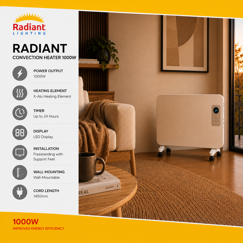 RADIANT 1000W CONVECTION FREESTANDING PANEL HEATER WITH KEY FEATURES AND RADIANT DESIGN