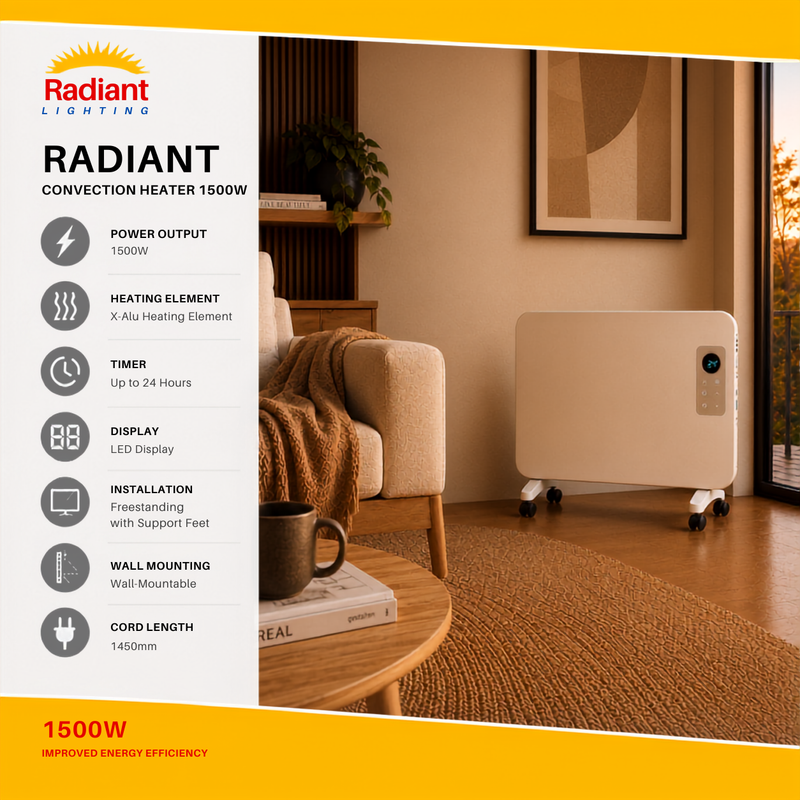 RADIANT 1500W CONVECTION FREESTANDING PANEL HEATER FEATURE SHEET