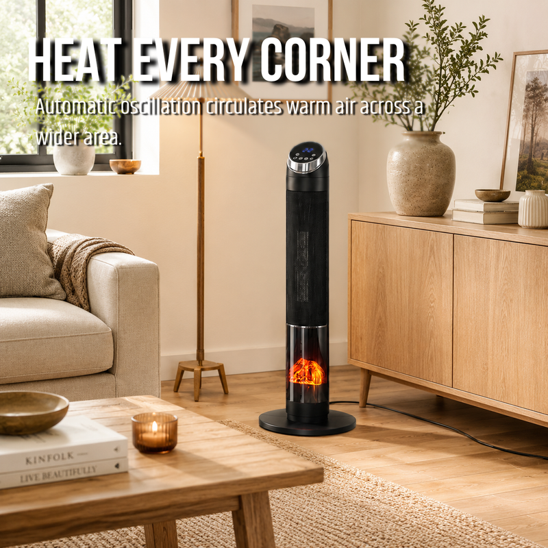 RADIANT 2000W TOWER PTC HEATER LIFESTYLE IMAGE WITH OSCILLATION FEATURE RHE21