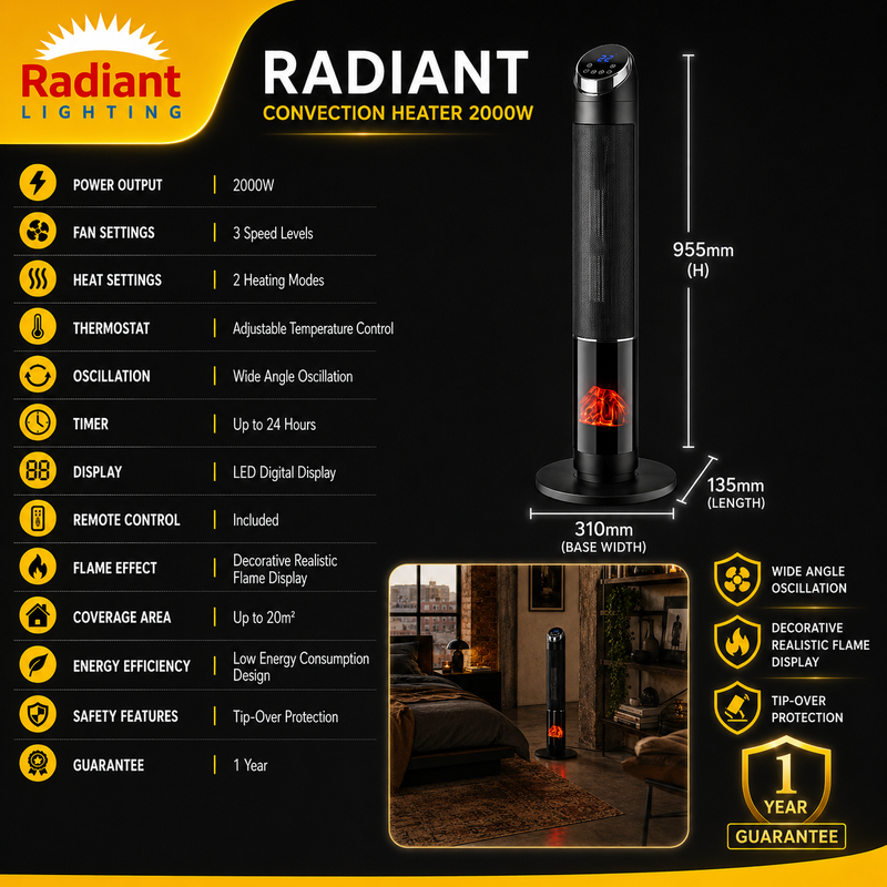 RADIANT 2000W TOWER PTC HEATER SPECIFICATION IMAGE