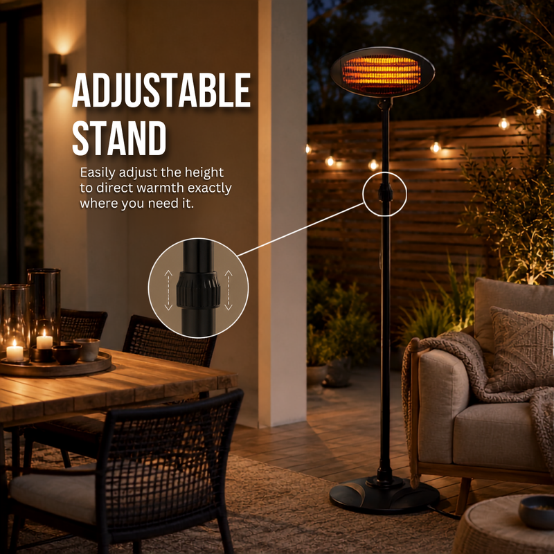 RADIANT 2000W FREE-STANDING QUARTZ HEATER INDOOR/OUTDOOR LIFESTYLE FEATURING ADJUSTABLE STAND