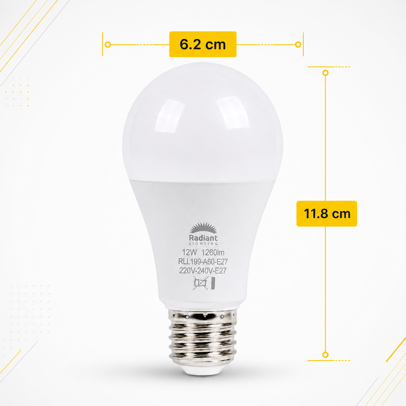 Radiant 12w light bulb with dimensions labeled on a white background