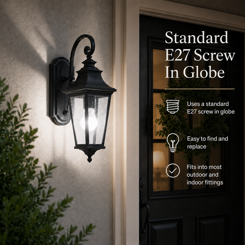 Outdoor wall light fixture with text about E27 screw compatibility on a door.