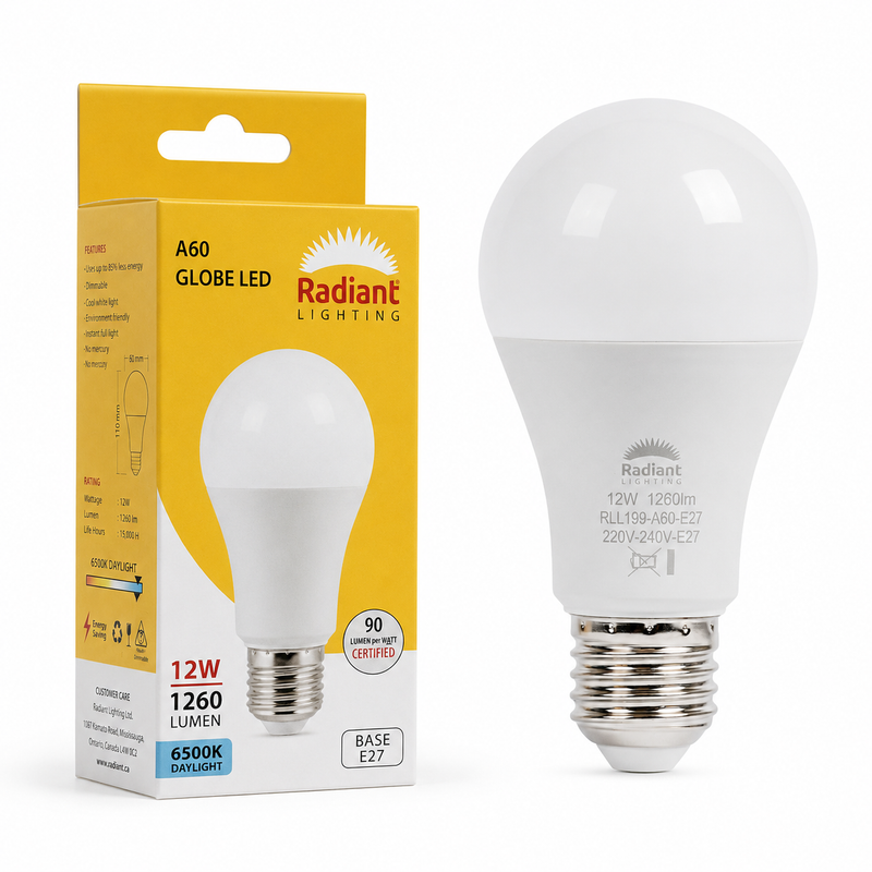 Radiant Lighting LED bulb and packaging on a white background