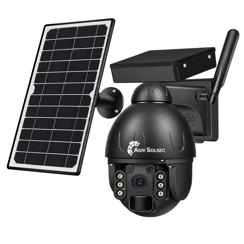 AGRISOLSEC 4G/3G STEEL SOLAR PTZ CAMERA Agri Solsec solar PTZ security camera with separate solar panel, rechargeable battery housing, antenna and adjustable wall-mount bracket.