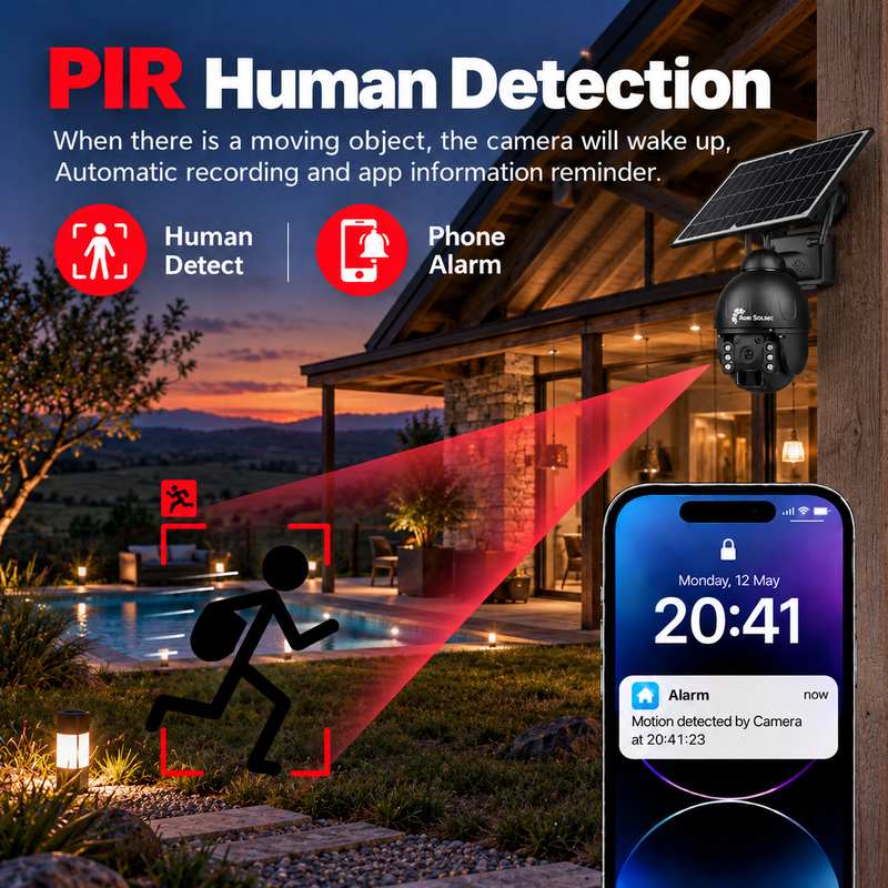 AGRISOLSEC 4G/3G STEEL SOLAR PTZ CAMERA Agri Solsec solar PTZ security camera with PIR human detection, automatic recording and smartphone motion alerts for outdoor property security.